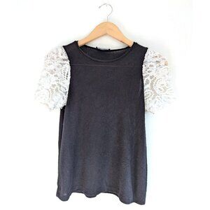 Zara Black Short Sleeve Black Sweater with Lace Puff Sleeves Holiday Party